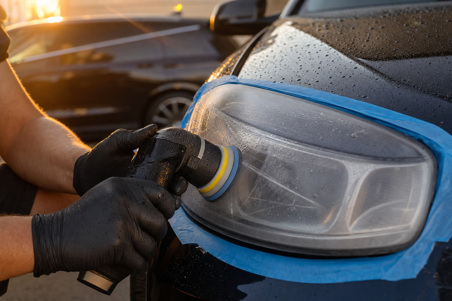 Professional headlight restoration in progress with a 3-inch polisher and blue masking tape